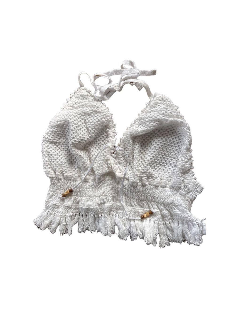 Women's Cotton Collection White Crochet Halter Crop Top L Y2K Cottage Core